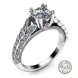 Platinum 925 Silver Leaf Motif Engagement Ring‎ Simulated Diamond, Sz 6.5 NEW